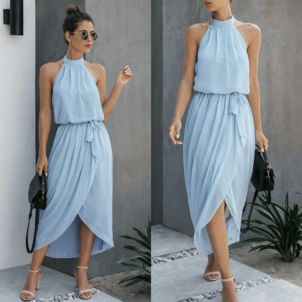 Women's Cotton Halter Neck Irregular Midi Dress
