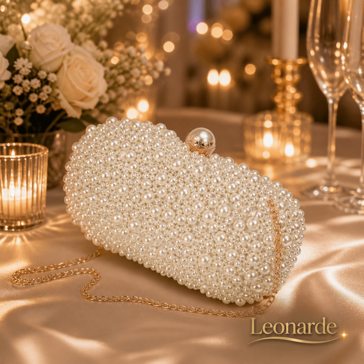 Elegant Satin Box Clutch with Pearl Accent