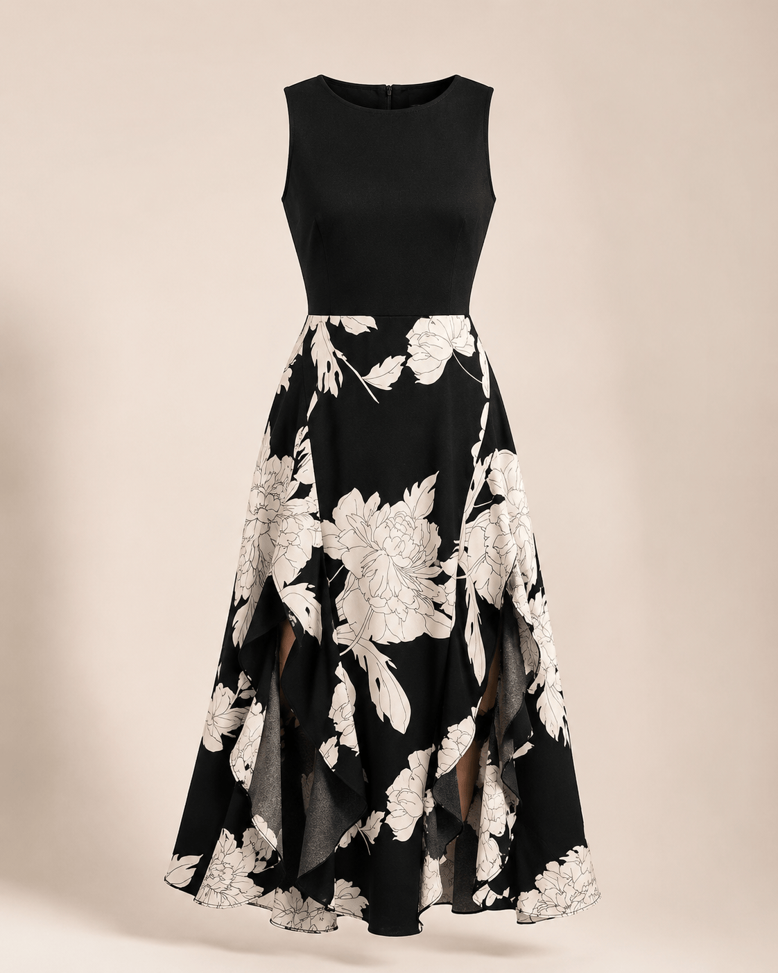 Floral Crew-neck Ruffled Sleeveless Dress