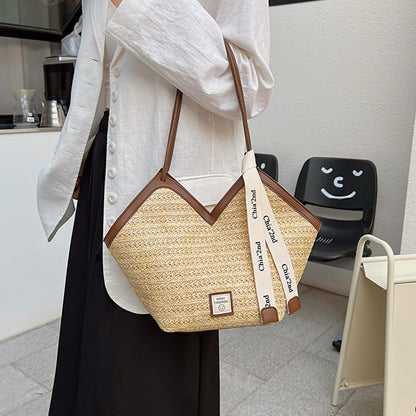 Straw Weave Shoulder Bag with Contrast Trim