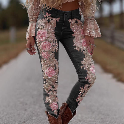 Boho Patchwork Floral Wide-Leg Jeans – Statement Pink Denim