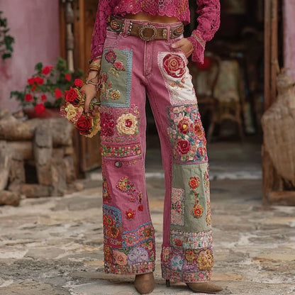 Boho Patchwork Floral Wide-Leg Jeans – Statement Pink Denim