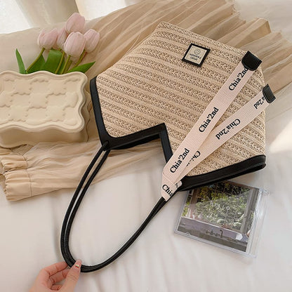 Straw Weave Shoulder Bag with Contrast Trim