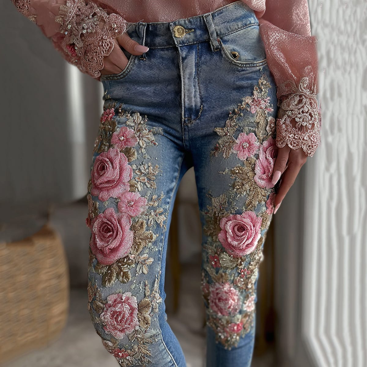 Boho Patchwork Floral Wide-Leg Jeans – Statement Pink Denim