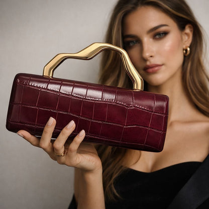 Crocodile Embossed Metal Handle Clutch Bag