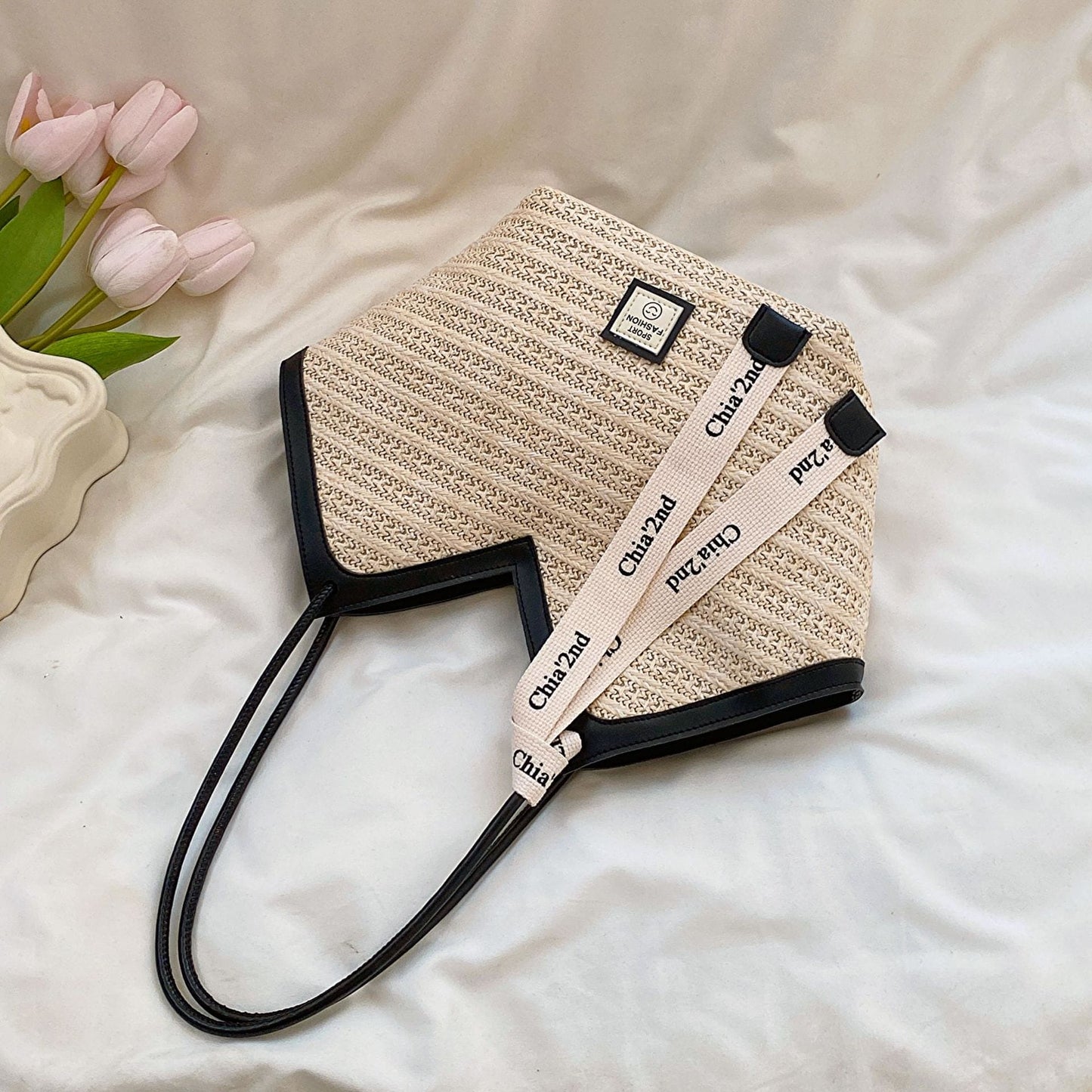 Straw Weave Shoulder Bag with Contrast Trim