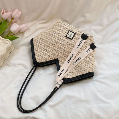 Straw Weave Shoulder Bag with Contrast Trim