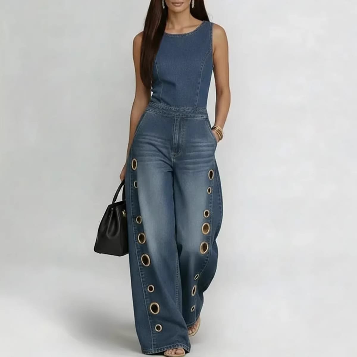 High-waisted Loose-fit Cutout Metal-detail Denim Jumpsuit