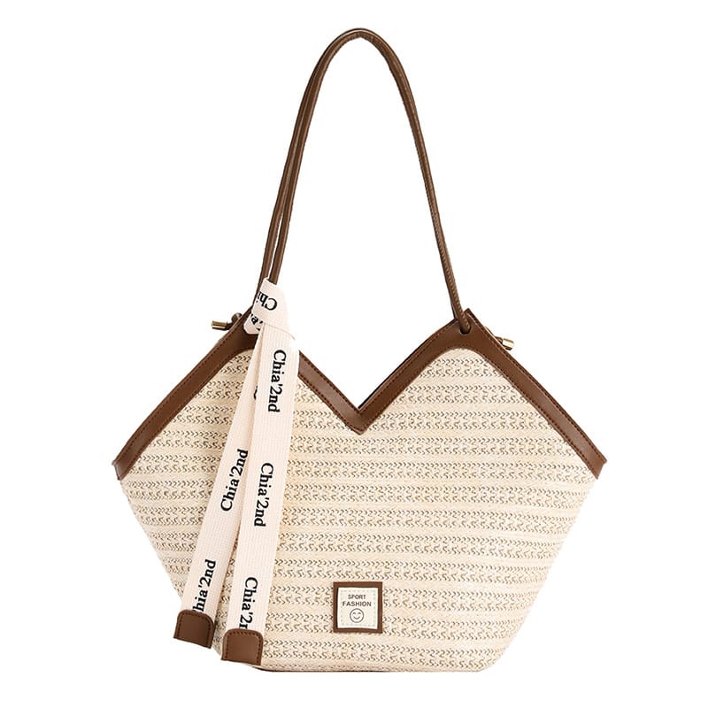 Straw Weave Shoulder Bag with Contrast Trim