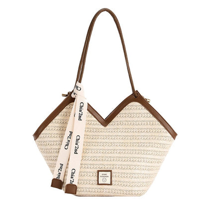 Straw Weave Shoulder Bag with Contrast Trim