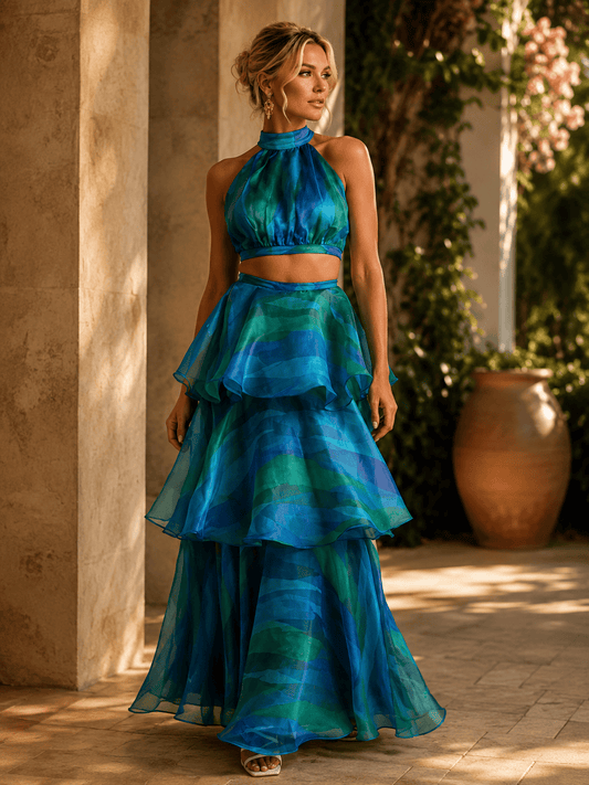 Women's Fashion Print Round Neck Sleeveless Fitted Waist Bubble Cake Dress
