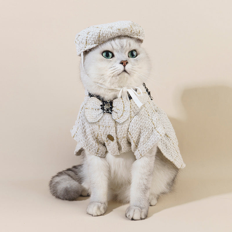 Elegant Tweed Cat Outfit – Chic Set with Hat & Bow Tie for Stylish Pets 🐾💎