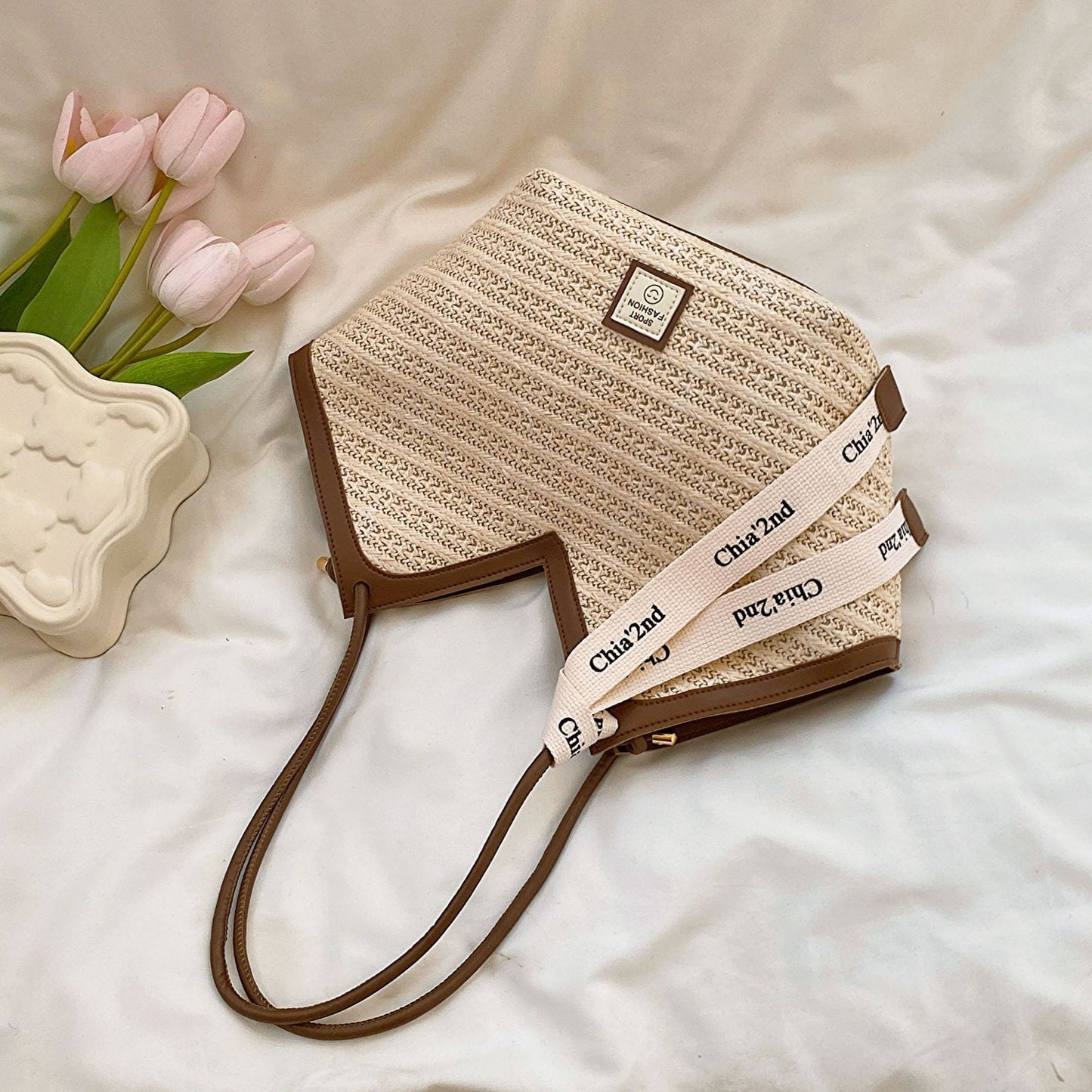 Straw Weave Shoulder Bag with Contrast Trim