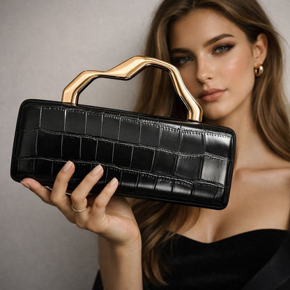 Crocodile Embossed Metal Handle Clutch Bag