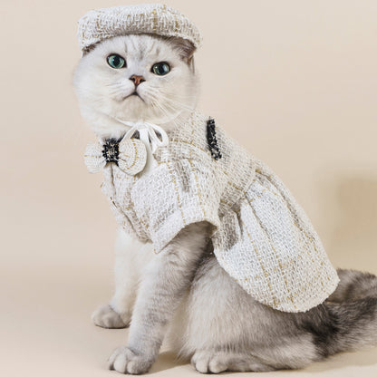 Elegant Tweed Cat Outfit – Chic Set with Hat & Bow Tie for Stylish Pets 🐾💎