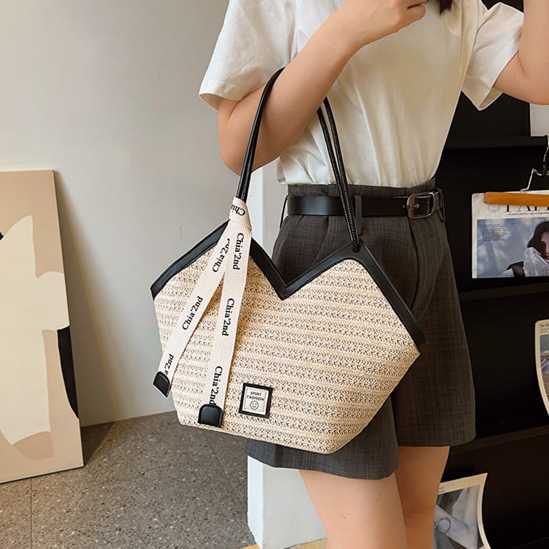 Straw Weave Shoulder Bag with Contrast Trim