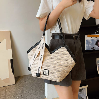 Straw Weave Shoulder Bag with Contrast Trim