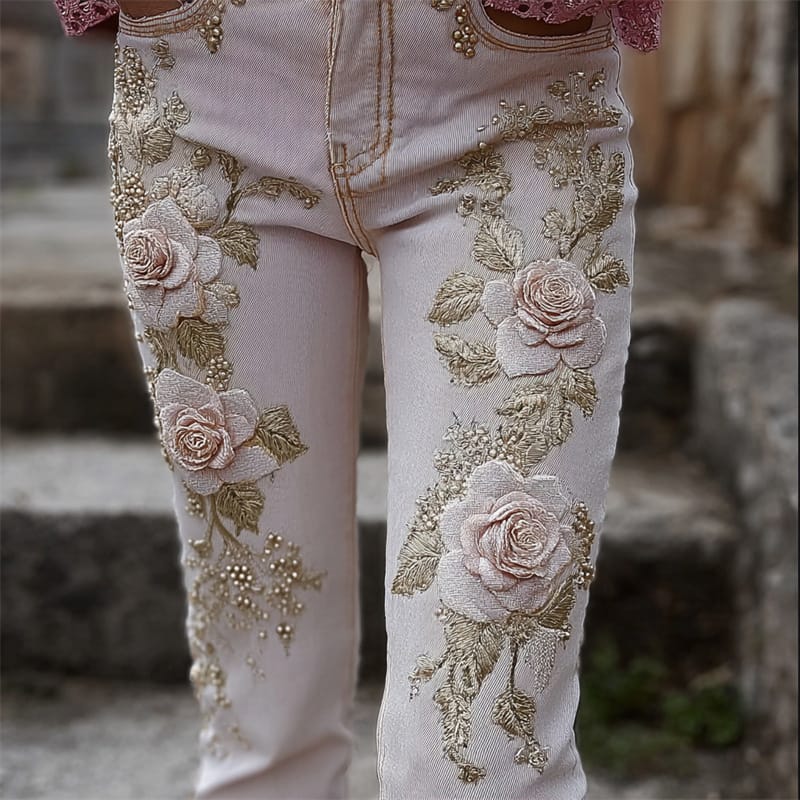 Boho Patchwork Floral Wide-Leg Jeans – Statement Pink Denim