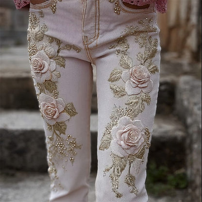 Boho Patchwork Floral Wide-Leg Jeans – Statement Pink Denim