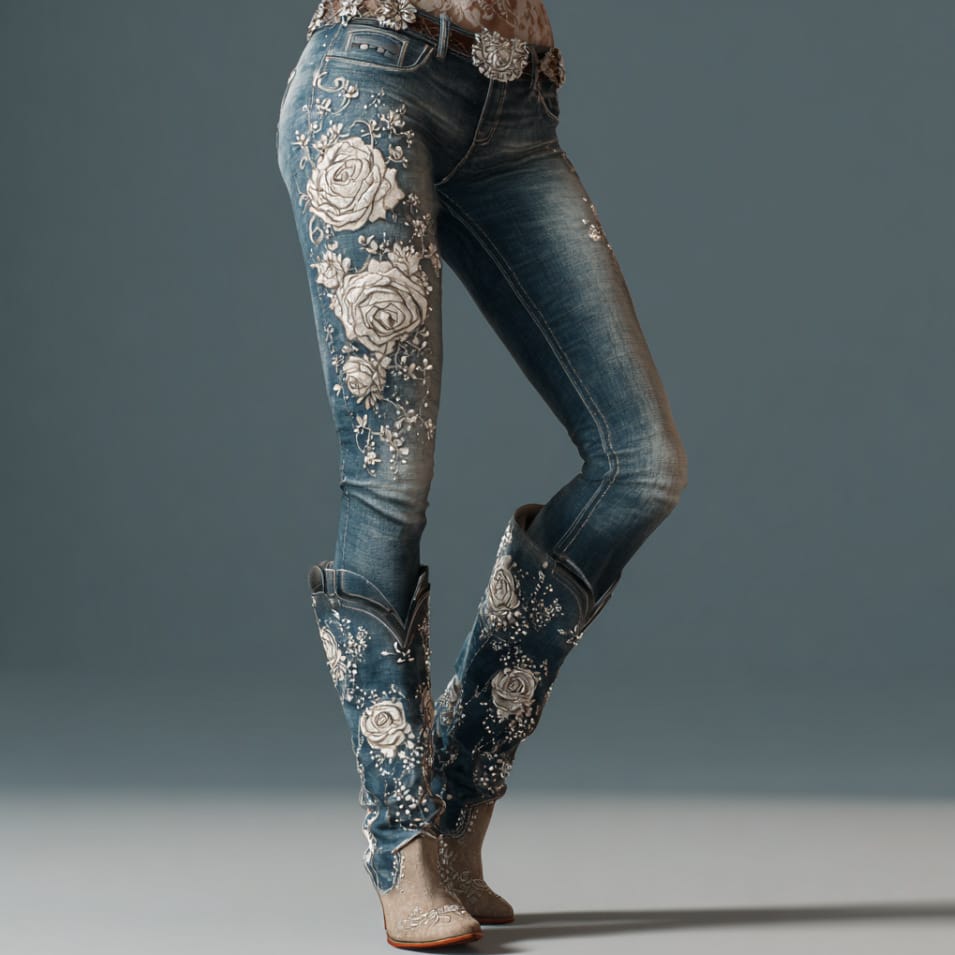 Boho Patchwork Floral Wide-Leg Jeans – Statement Pink Denim