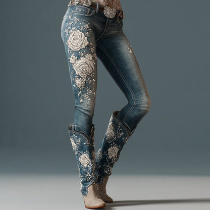 Boho Patchwork Floral Wide-Leg Jeans – Statement Pink Denim