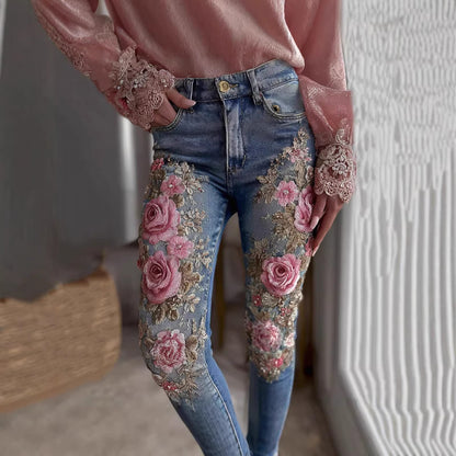 Boho Patchwork Floral Wide-Leg Jeans – Statement Pink Denim