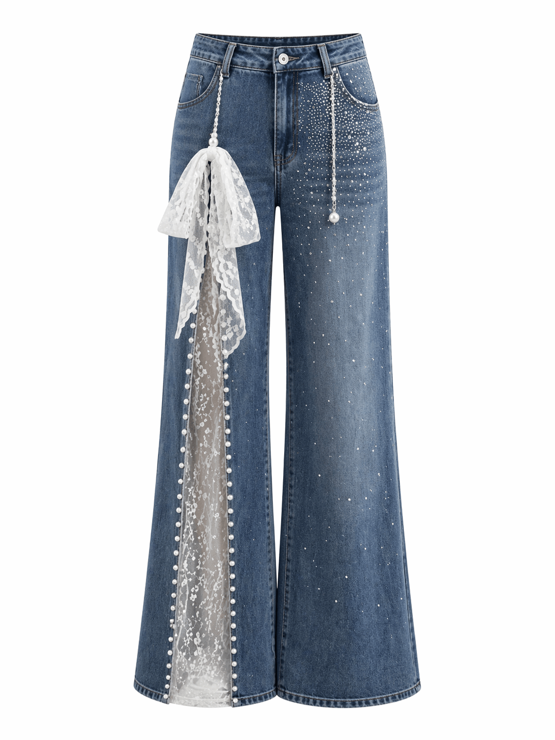 Elegant High-Waist Wide-Leg Denim Trousers with Sparkling Details