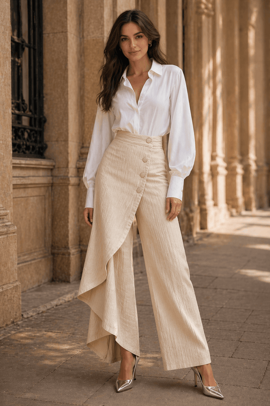 Elegant Pleated Wide-Leg Wrap Pants