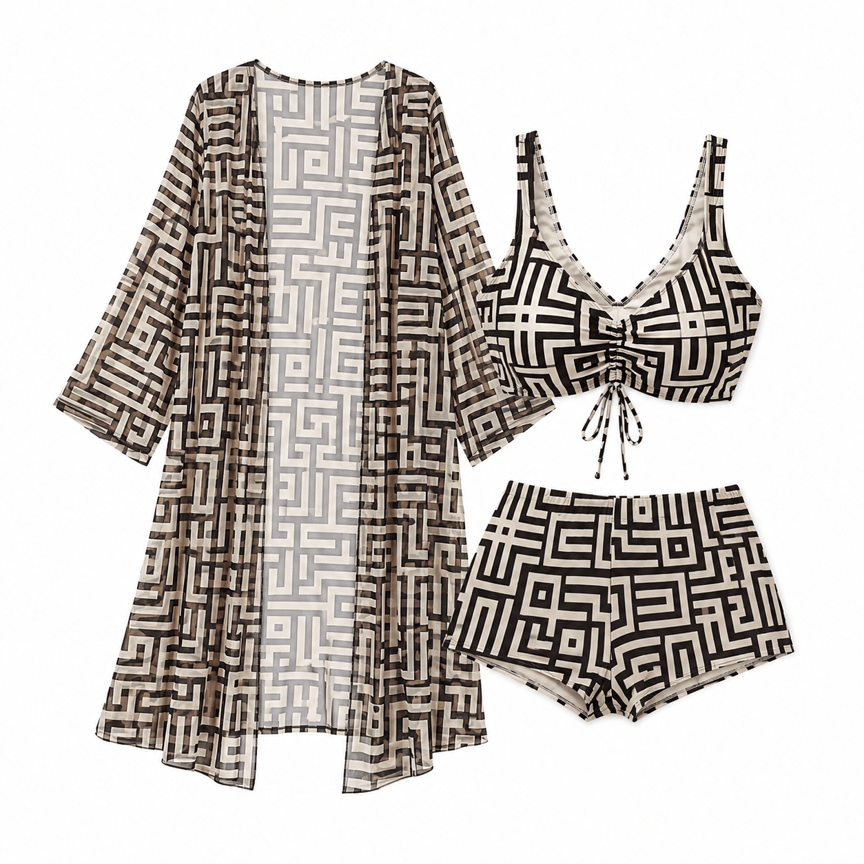 Geometric 3-Piece Swimwear Set with Cover-Up