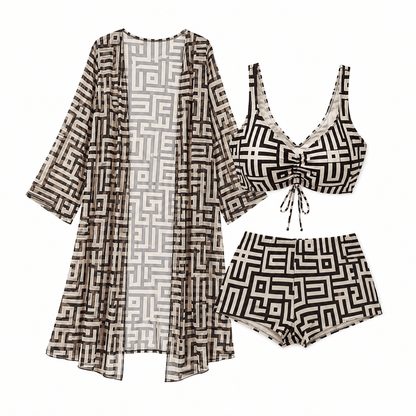 Geometric 3-Piece Swimwear Set with Cover-Up