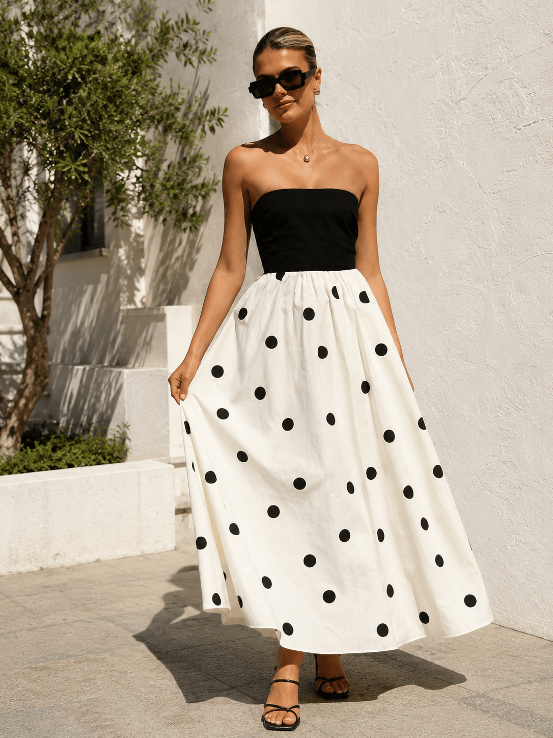 Polka-dot Print Patchwork Tube Maxi Dress