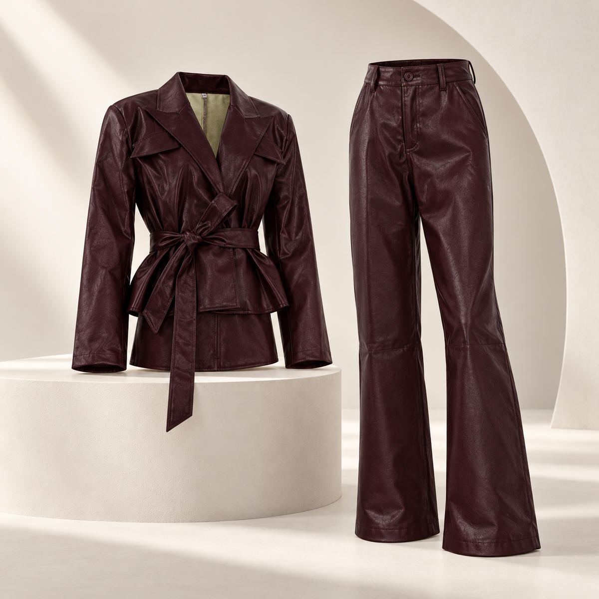 Vintage Green Collar With Belt Leather Coat High Waist Leather Shorts Fashion Suit