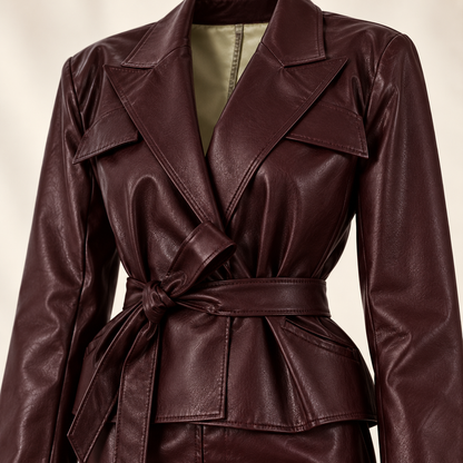 Vintage Green Collar With Belt Leather Coat High Waist Leather Shorts Fashion Suit