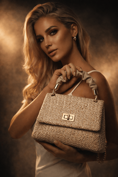Elegant Woven Handbag with Gold Lock – Summer Luxury in Every Detail
