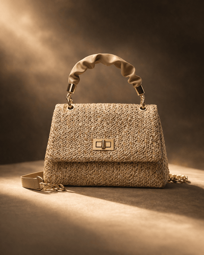 Elegant Woven Handbag with Gold Lock – Summer Luxury in Every Detail