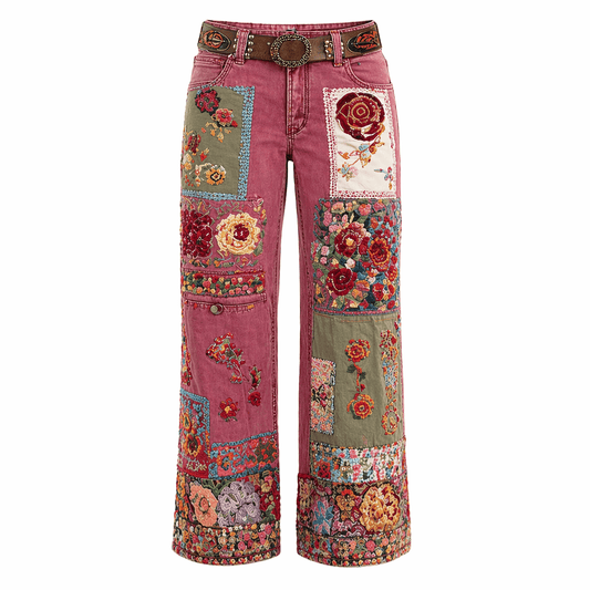 Boho Patchwork Floral Wide-Leg Jeans – Statement Pink Denim