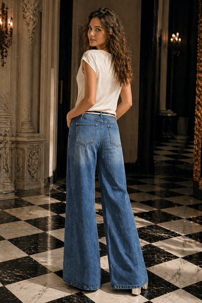Elegant High-Waist Wide-Leg Denim Trousers with Sparkling Details