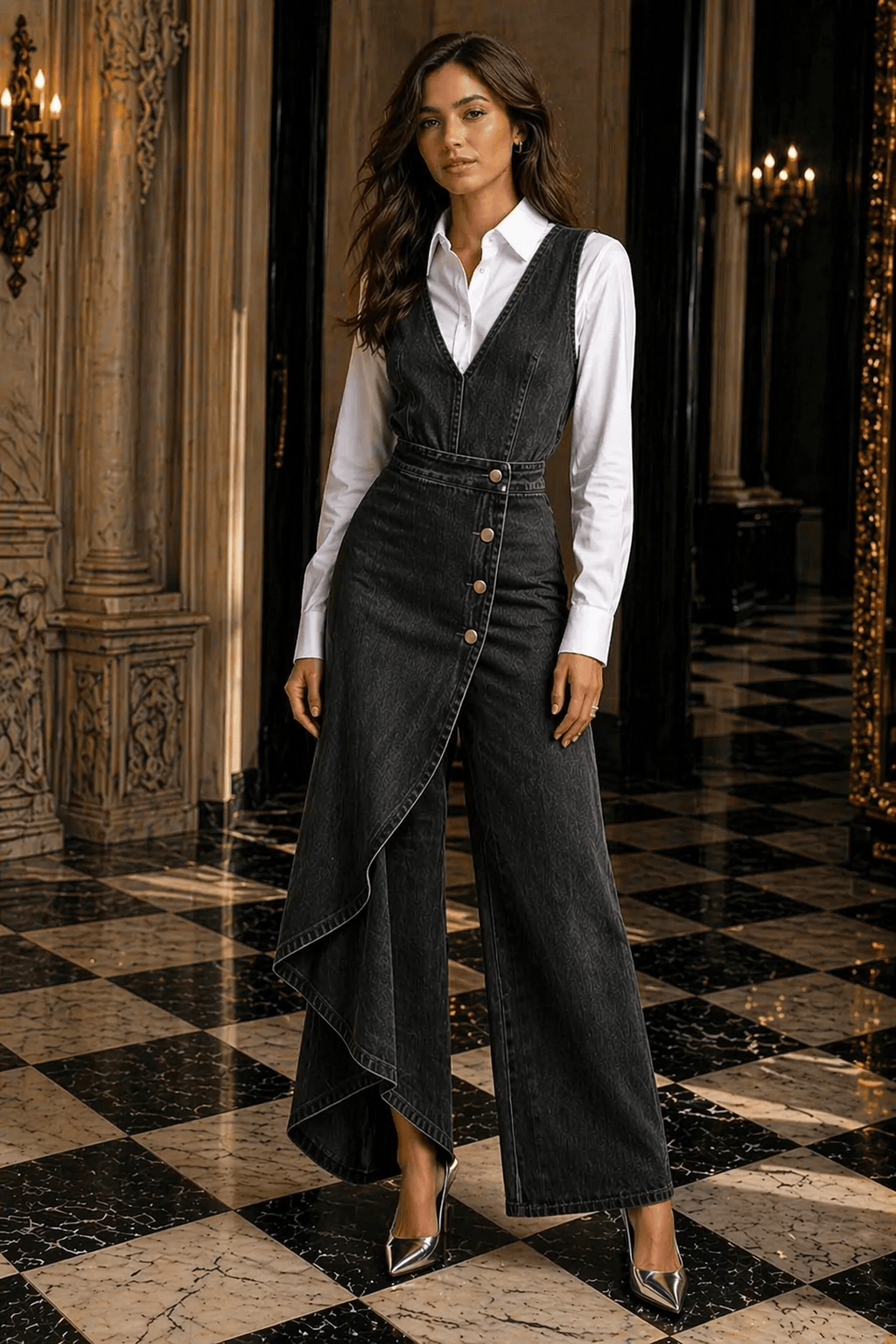 Chic Sleeveless Denim Jumpsuit with Asymmetric Wrap Detail