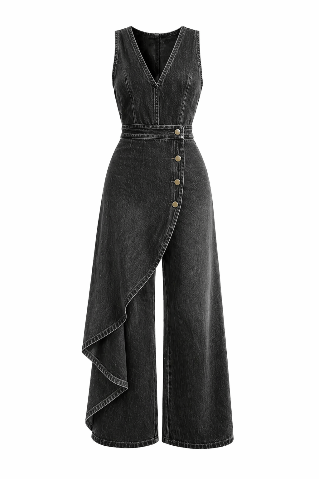 Chic Sleeveless Denim Jumpsuit with Asymmetric Wrap Detail