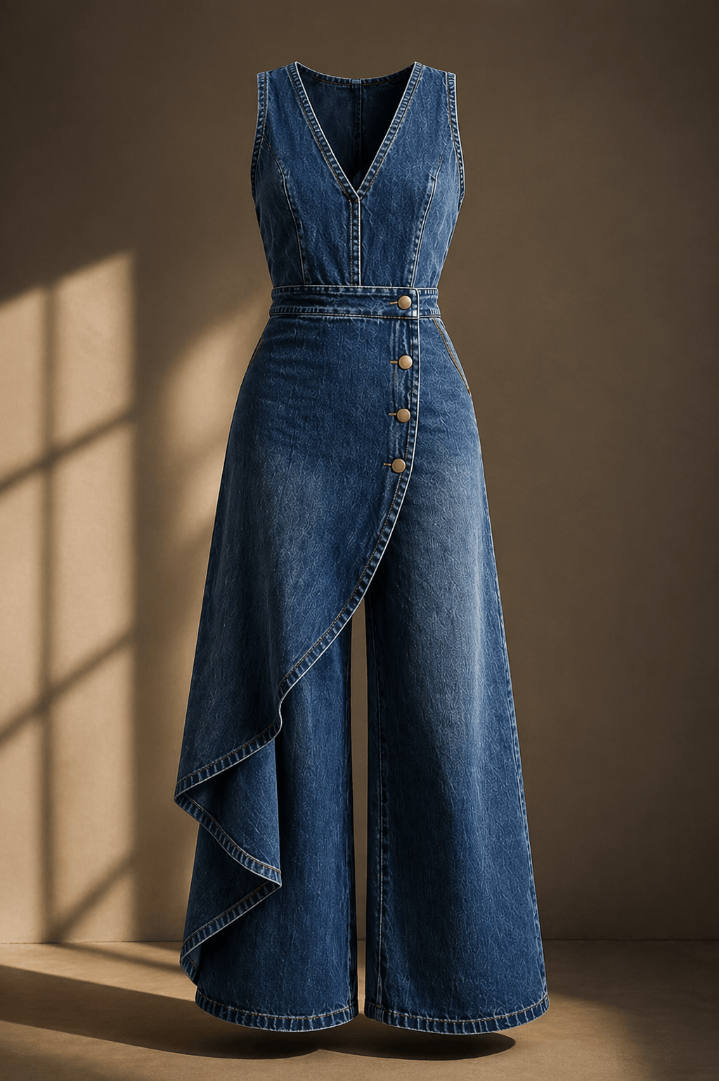 Chic Sleeveless Denim Jumpsuit with Asymmetric Wrap Detail