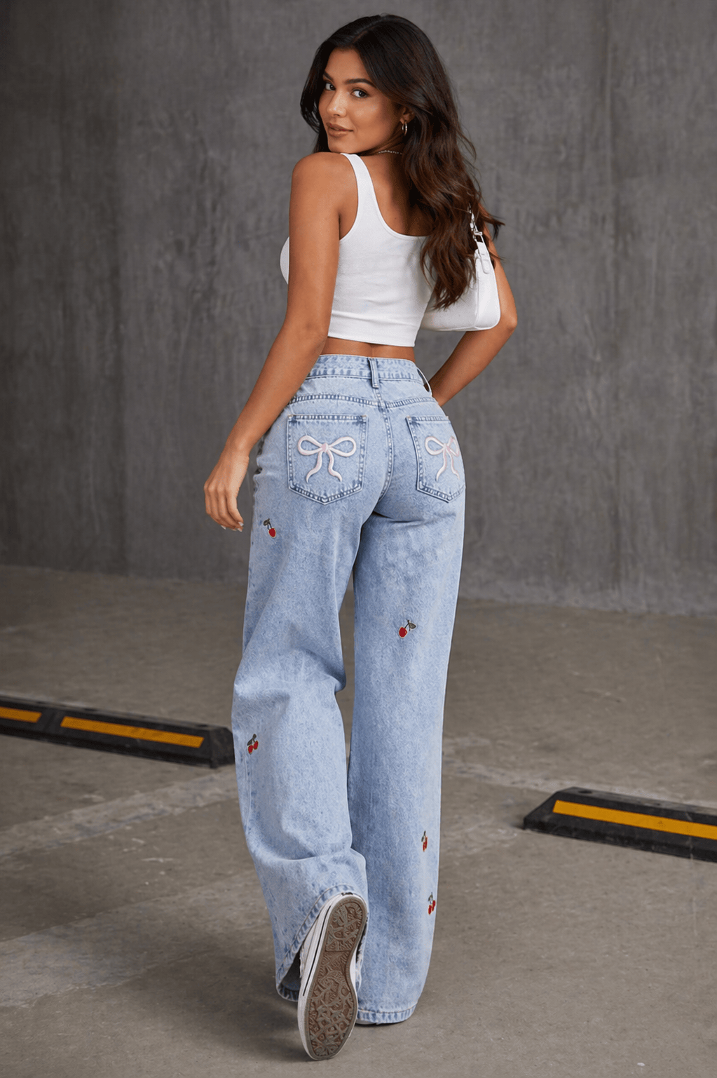 Light Blue Cherry Embroidered Wide-Leg Jeans