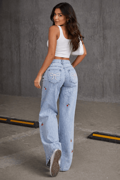 Light Blue Cherry Embroidered Wide-Leg Jeans