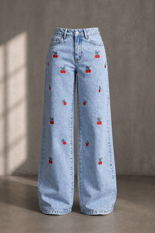 Light Blue Cherry Embroidered Wide-Leg Jeans