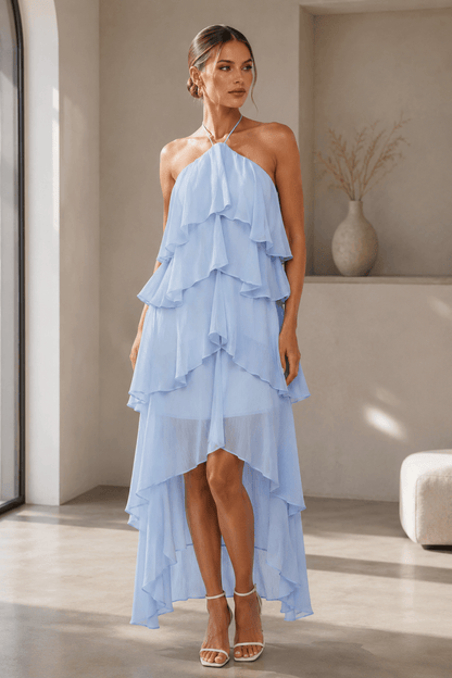 Solid-color Chiffon Tiered Dress With A Halter Neckline And Ruffled Hem