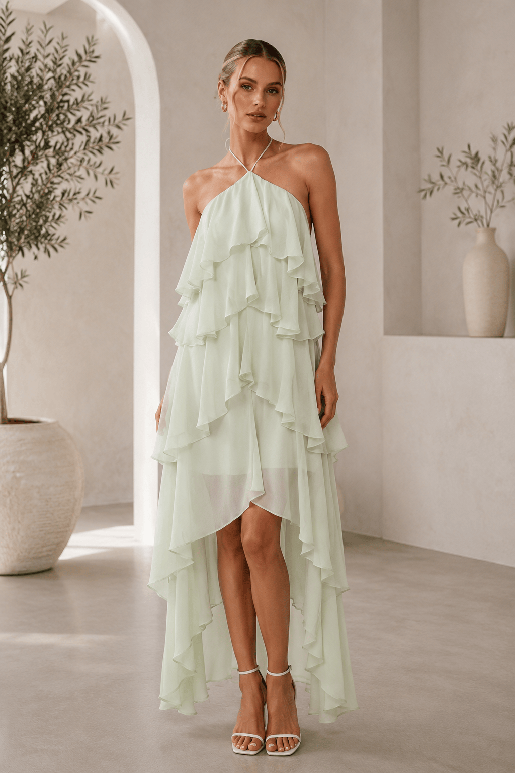 Solid-color Chiffon Tiered Dress With A Halter Neckline And Ruffled Hem