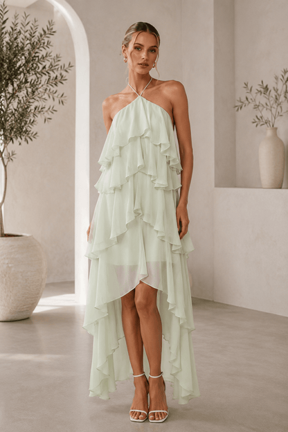 Solid-color Chiffon Tiered Dress With A Halter Neckline And Ruffled Hem