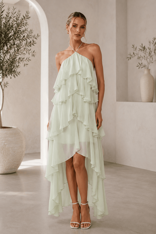 Solid-color Chiffon Tiered Dress With A Halter Neckline And Ruffled Hem