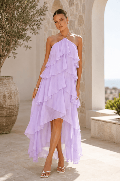 Solid-color Chiffon Tiered Dress With A Halter Neckline And Ruffled Hem