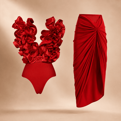 Womens Lace Trim V-Neck Asymmetrical Skirt Swimsuit Set