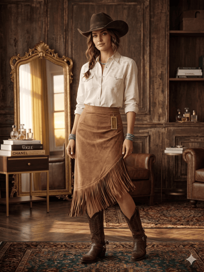 Caramel Fringe Elegance Midi Skirt